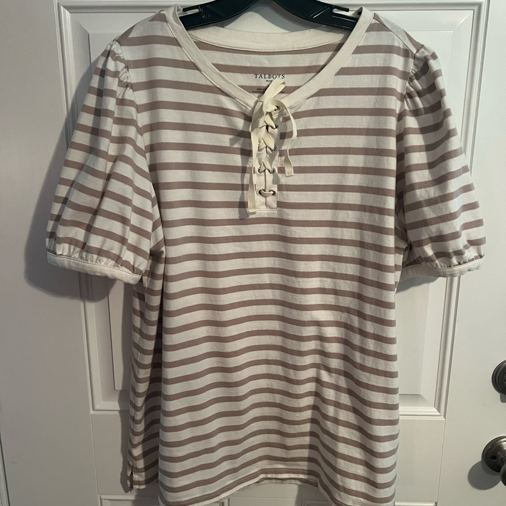 Talbots Tan Puff Sleeve Tie Front Blouse